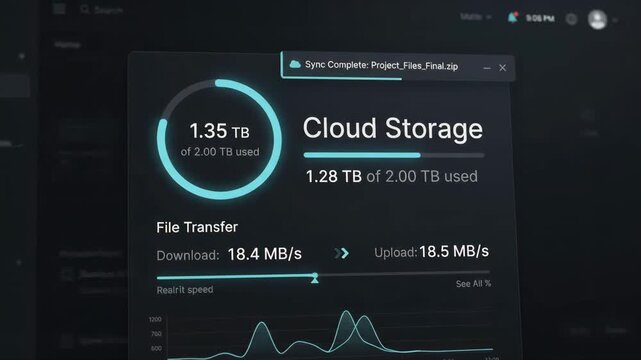 dark-themed cloud storage interface displays file transfer speeds and data usage progress bars on computer screen with blurred dashboard menu visible in the background