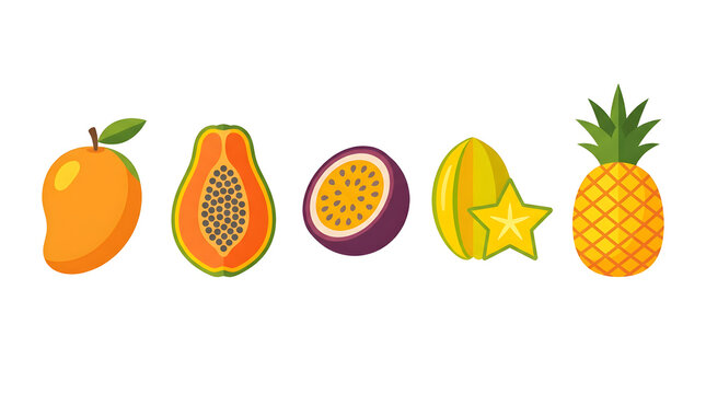 Colorful Flat Vector Set of Tropical Exotic Fruits Including Mango Papaya Passion Fruit Melon Star Fruit and Pineapple