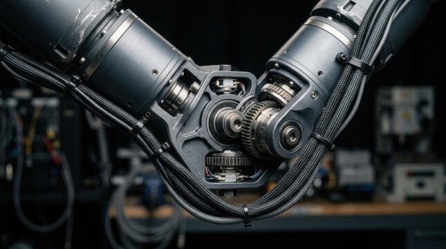 Articulated bimanual robotic wrist joint with cycloidal speed reducers, integrated torque sensors, aluminum casing, and braided signal cables in an advanced automation assembly setup.