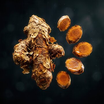 Fresh Turmeric Root and Slices with Dark Background Culinary Ingredient for Healthy Food and Spices