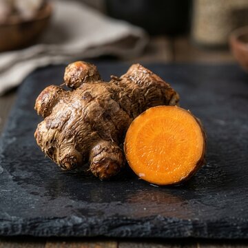Fresh Turmeric Root Slice and Whole Rhizome on Dark Slate Culinary Spice Herbal Medicine Ingredient