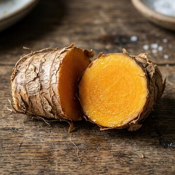 Fresh Turmeric Root Cut in Half on Rustic Wooden Background Vibrant Orange Spice
