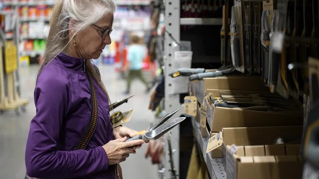 A stylish senior woman browses hardware and gardening supplies among shelves of tools and lumber in a large home improvement store.