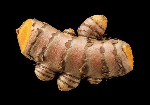 Fresh Turmeric Root Rhizome with Vibrant Orange Interior Isolated on Black Background Studio Shot