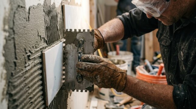 Renovator wearing protective goggles and work gloves pressing a white ceramic subway tile into grey thinset mortar using a notched steel trowel.
