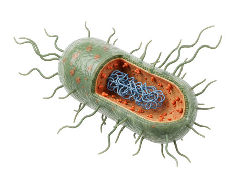 3D render of a prokaryotic bacterium cell with flagella and DNA, isolated on transparent background