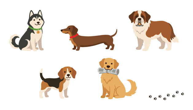 Cute dog breeds vector illustration set. Husky, dachshund, saint bernard, beagle, golden retriever, footprints and domestic pets.