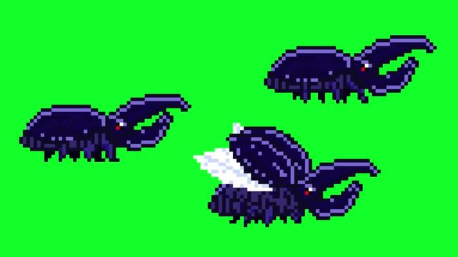 Pixel art retro game animation loop of three giant beetle enemies with idle crawling and flying cycles, isolated on green screen.