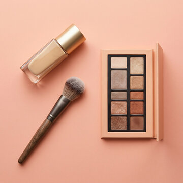 Minimalist Topdown Beauty Photography Featuring Makeup Essentials on Soft Pink