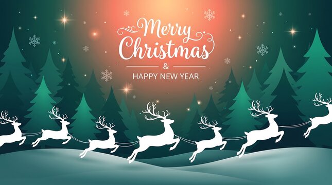 White reindeer silhouettes leap across a snowy landscape in a festive winter vector illustration