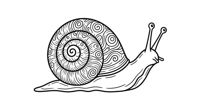 Snail slug crawling big round spiral shell fine lines eyes on long tentacles cute winking face, slimy creeping body, black line cartoon outline vector illustration on clean plain white background