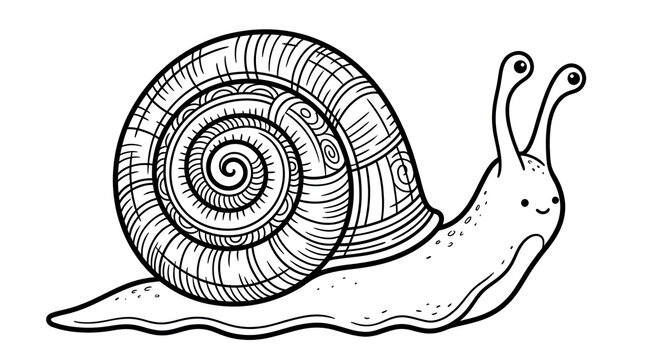 Snail slug crawling big round spiral shell fine lines eyes on long tentacles cute winking face, slimy creeping body, black line cartoon outline vector illustration on clean plain white background