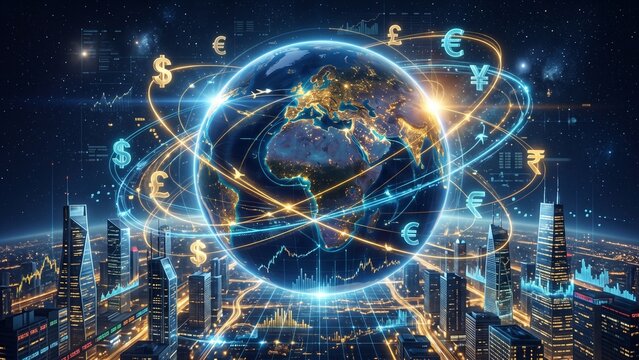Global Financial Network Concept with Earth Planet, Currency Symbols, Stock Charts, and Futuristic City Skyline. 