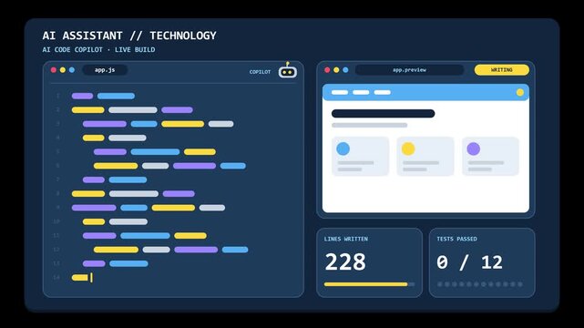 Animated AI Assistant Coding Dashboard Automatically Writing Script and Deploying Live Web Application Interface for Software Development Technology
