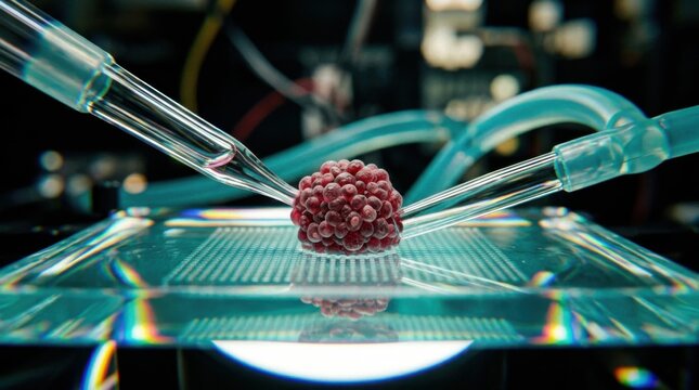 Cellular mechanotransduction setup with endothelial spheroids on a micro-patterned hydrogel substrate, dual micropipette needles, and flexible silicone tubing.