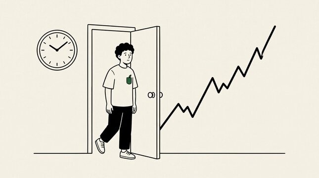 Man hesitating at a doorway next to a clock while a chart rises outside