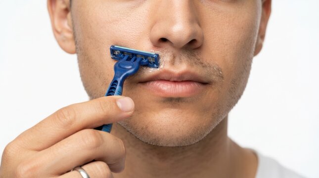 Man Shaving Mustache with Disposable Razor Close Up