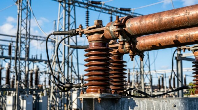 Ribbed porcelain insulator bushings and tubular copper busbars in electrical power distribution substation.