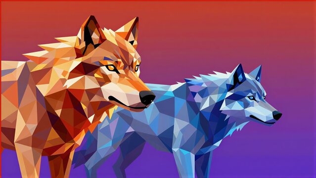 Two stylized wolves, one orange geometric head, one blue standing form.