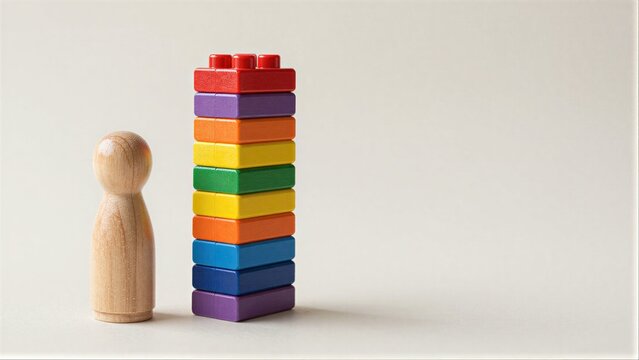 Wooden figure stands beside colorful LEGO tower, purple block rests nearby.