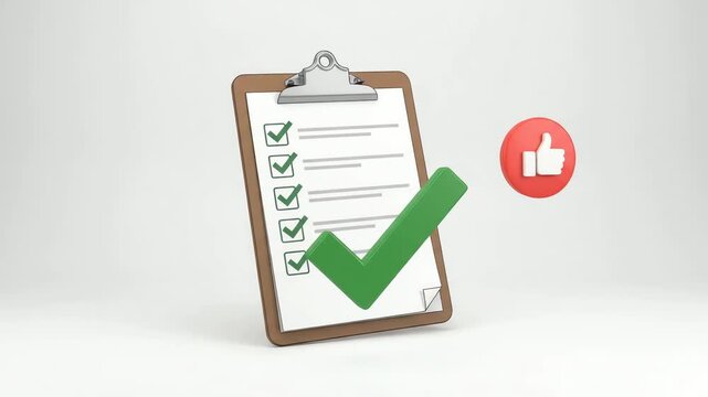 3d clipboard with checklist and thumbs up icon on white background