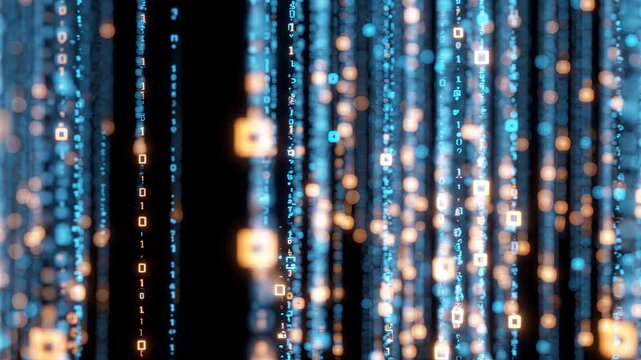 Digital data stream falling downwards in blue and orange binary code, glowing particles on dark background. Cyber security, big data, technology concept.