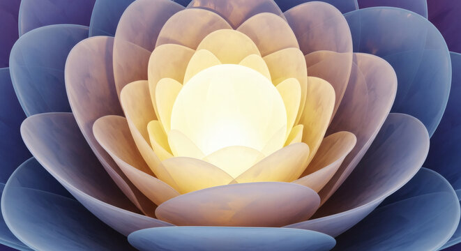Abstract Digital Lotus Flower Art with Glowing Golden Core and Layered Translucent Petals for Spiritual Backgrounds
