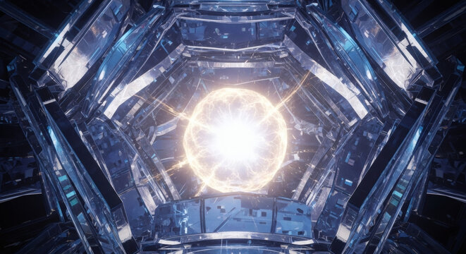 Futuristic sci-fi tunnel with glowing energy core and advanced technological structure