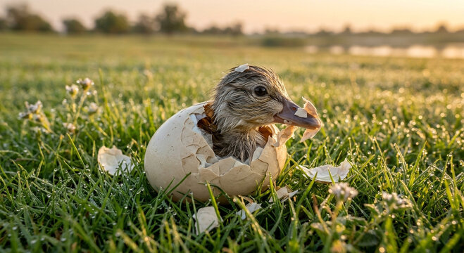 A Newborn Duckling Hatching From an Egg on Dewy Green Grass at Sunrise