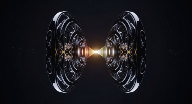 Futuristic Sci-Fi Energy Core Portal with Glowing Particle Beam and Mechanical Rings in Deep Dark Space