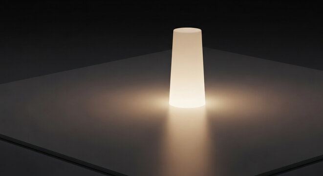 Minimalist glowing cylinder object on a flat surface with soft ambient light, creating a serene and modern atmosphere
