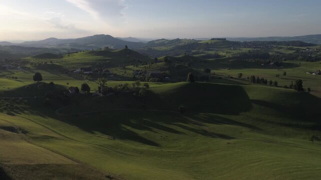 Drumlin, geological formation from the ice age, hill with trees, drone image, Menzingen, Zug, Switzerland