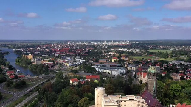Drone shot, drone video, drone flight, aerial view, flight over the historic old town with half-timbered houses, St. Mary's Church in Wittenberg and castle church, wide angle, Elbe, Luther city Witte