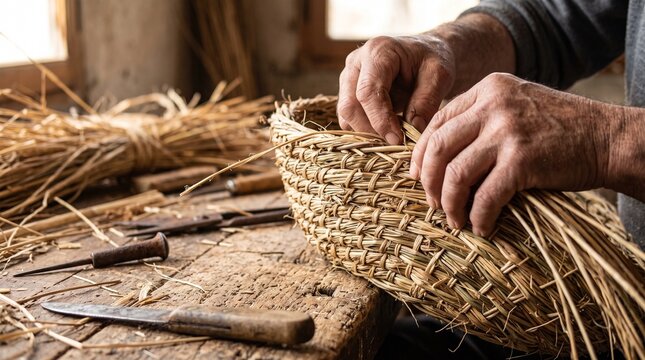 Craftsman hands weaving a traditional wicker basket in a rustic workshop