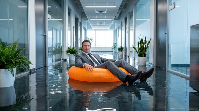 Businessman Floating on Inflatable Ring in Flooded Modern Office Hallway