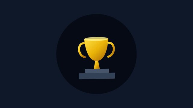 Animated golden trophy cup icon on a pedestal stage inside a circle, symbolizing business achievement, office success, victory, and winning performance in a minimalist flat design style.