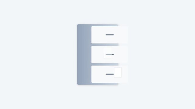 Animated minimalist office filing cabinet icon with opening drawers and flying documents on a clean background, ideal for concepts of data storage, file management, and workplace organization.