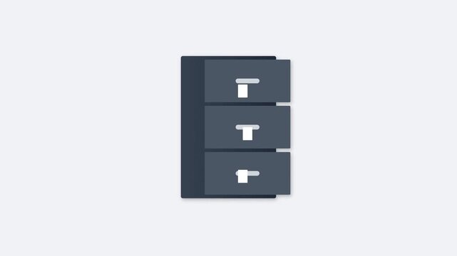 Minimalist flat animation of a dark gray office filing cabinet icon with drawers opening and closing on a light background, perfect for business organization and data management concepts.
