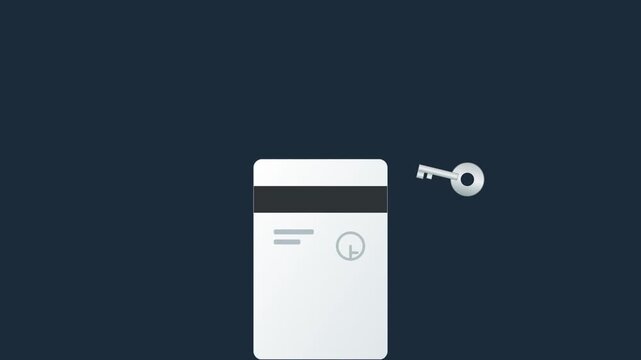 Conceptual animation of a hotel key card and traditional key symbol representing secure access, hospitality services, and modern travel accommodation on a minimalist dark blue background.