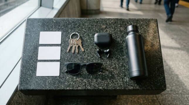 Flat lay of urban commuter essentials on a granite station bench, including blank RFID transit fare cards, key ring, sunglasses, wireless earbuds, and aluminum bottle.