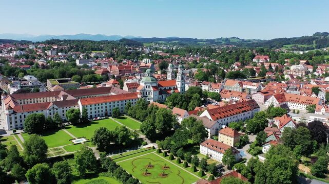 Drone video aerial view of Kempten with Basilica Sankt Lorenz in nice weather. Swabia, Bavaria, Germany