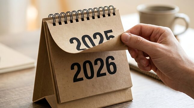 Hand flipping desk calendar page from year 2025 to 2026 for new year planning and goal setting