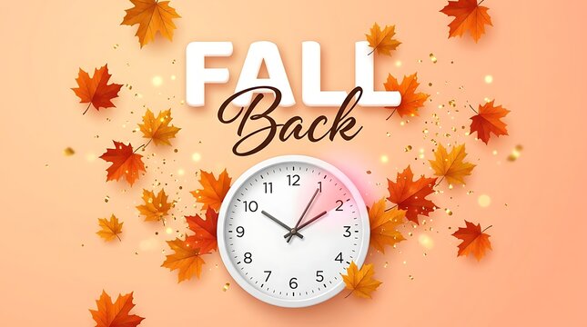 Fall Back Daylight Saving Time Ends Concept with 1 Hour Delay Analog Clock and Autumn Maple Leaves