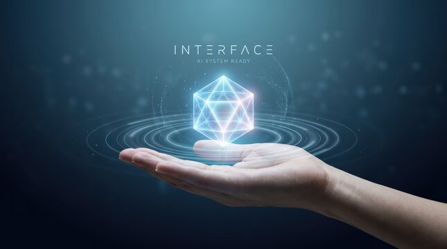 Hand holding glowing geometric cube interface, futuristic AI system ready technology concept with digital ripple effects and particle lights on dark background.