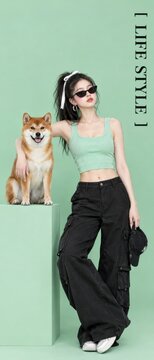 Young woman with shiba inu dog wearing sunglasses and cargo pants on