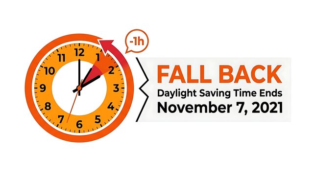 Fall Back Concept for Daylight Saving Time Ending November 7 2021 with Clock and 1 Hour Back