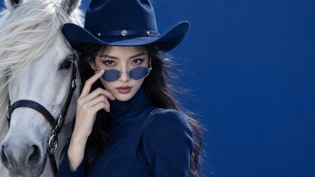 Western fashion portrait featuring a woman in a cowboy hat sunglasses