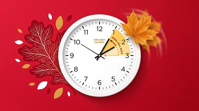 Daylight Saving Time Ends Illustration with Clock Shifting One Hour Back and Autumn Maple Leaves