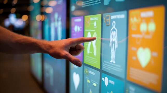 Medium shot of a person using a digital touchscreen on an interactive educational wall displaying colorful health information with blurred background for depth.