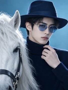 Mysterious cowboy riding a white horse through serene landscapes with